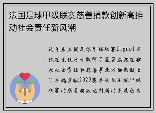 法国足球甲级联赛慈善捐款创新高推动社会责任新风潮