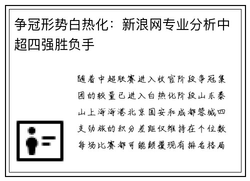 争冠形势白热化：新浪网专业分析中超四强胜负手
